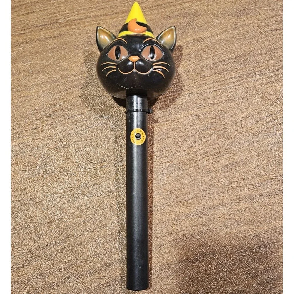 Halloween Light Up Wand Lot 2 Skeleton Skull Black Cat Witch Vintage Style